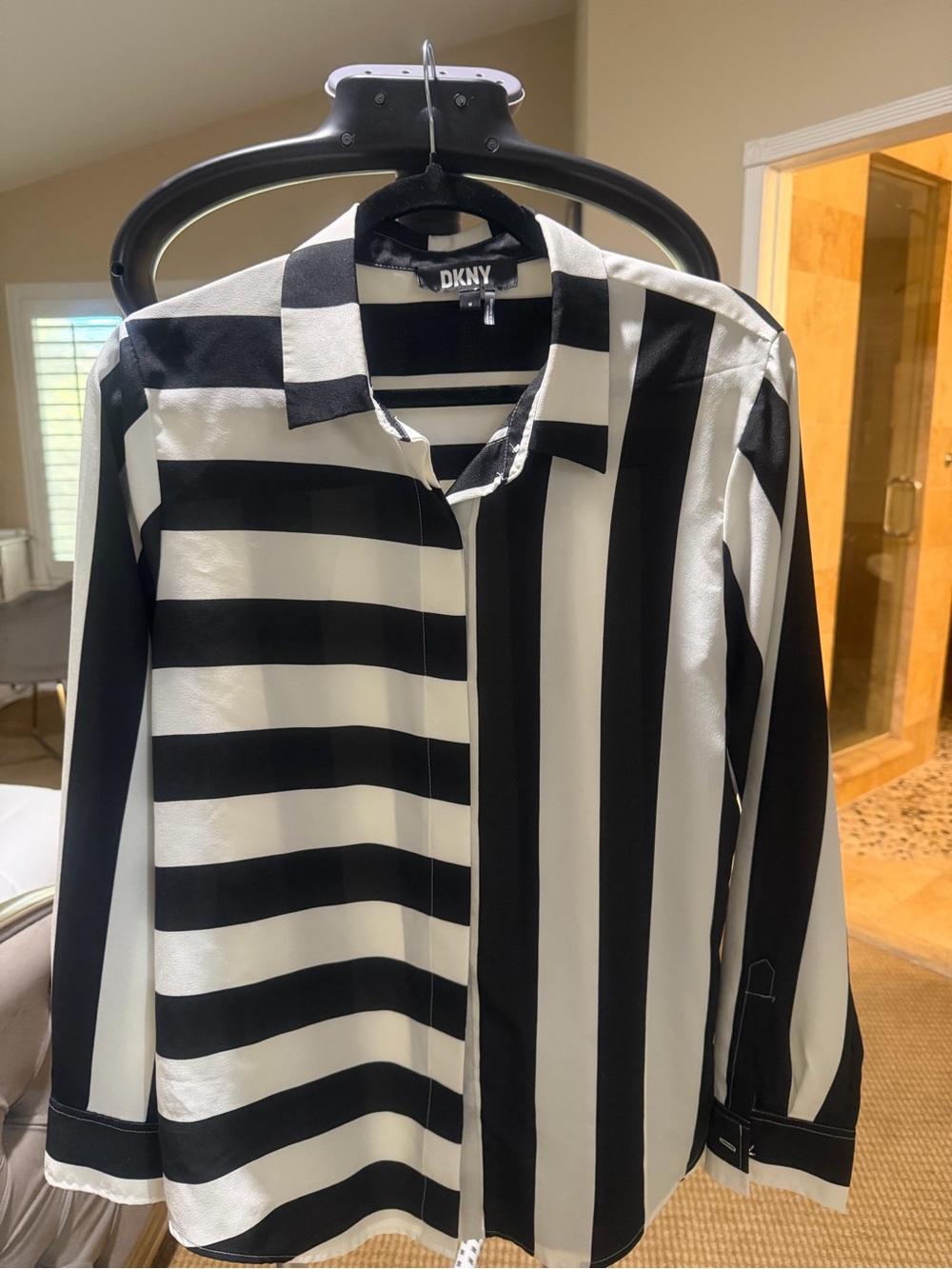 DKNY Men’s Black and White Vertical & Horizontal Stripe Button-Down Shirt